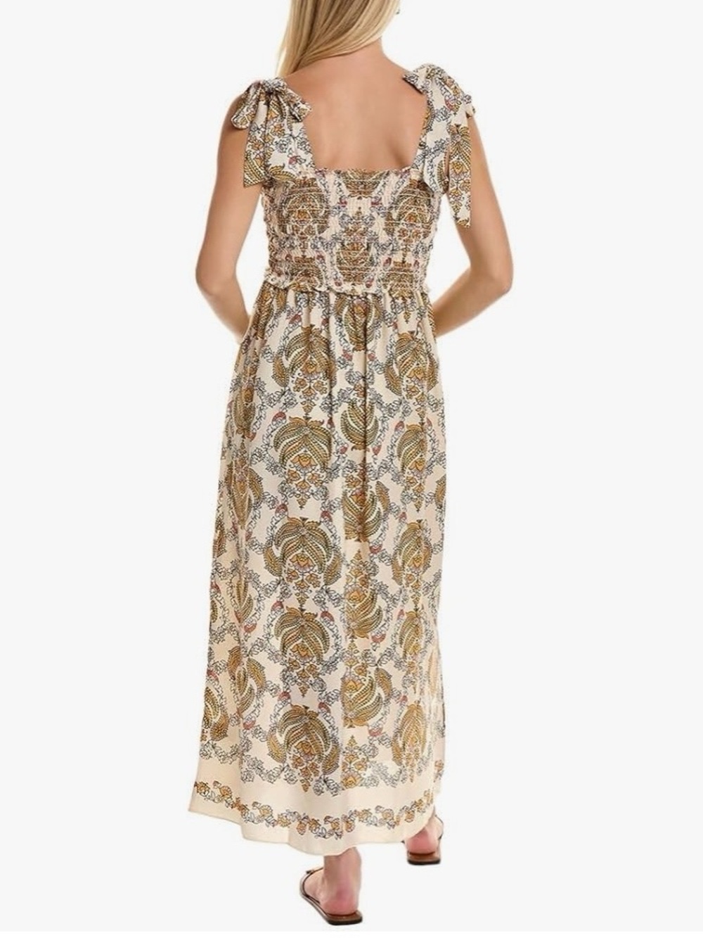 Max Studio Tie Strap Smocked Bodice Maxi Nap Dress Size L Yellow Floral Cotton - Picture 5 of 9